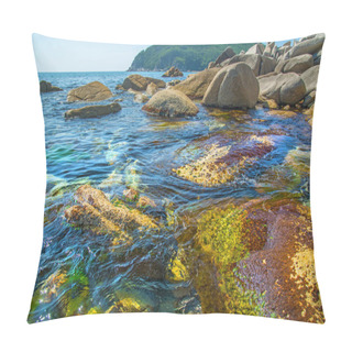Personality  Beautiful Beach Lots Of High Stones From The Destroyed Rocks, Trees Grow. Pillow Covers