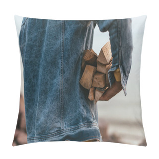 Personality  Cropped View Of Man In Denim Jacket Holding Firewood  Pillow Covers