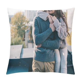 Personality  Cropped Shot Of Young Couple Embracing On Rooftop Pillow Covers