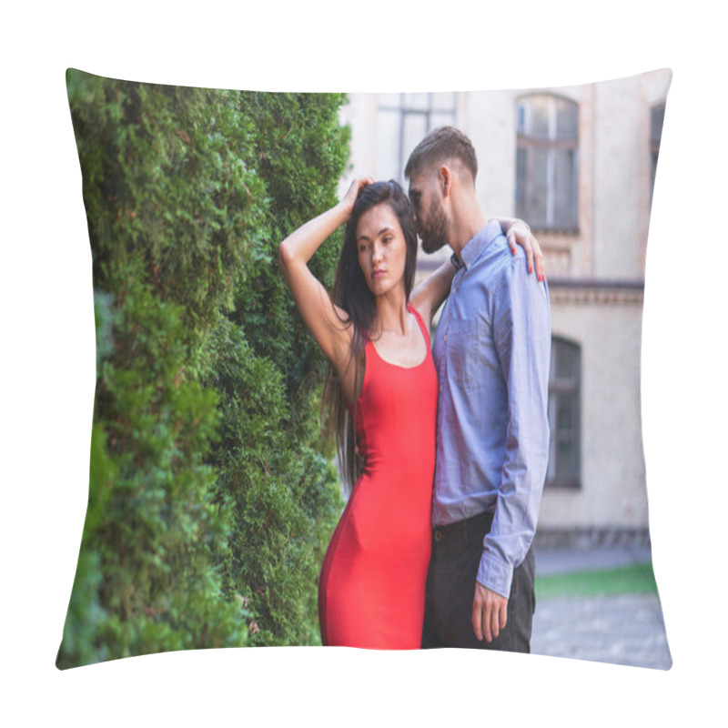 Personality  Beautiful couple of man and woman against the backdrop of a beautiful park and city architecture. Romantic theme with a girl and a guy. Spring Summer picture relationship, love, Valentine's day pillow covers