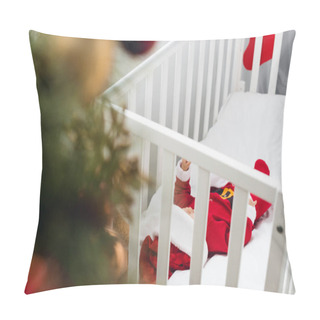 Personality  Adorable Little Baby In Santa Suit Lying In Crib With Christmas Tree On Foreground Pillow Covers