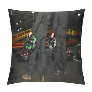 Personality  Cropped View Of Two Men Standing Near Racing Cars And Holding Helmets, Go-kart Drivers Team Pillow Covers
