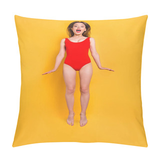 Personality  Full-body Vertical Portrait Of Happy Girl In A Red Swimsuit With Bright Lipstick On Her Lips Happily Screams Jumping Over The Air Isolated On Yellow Background Pillow Covers