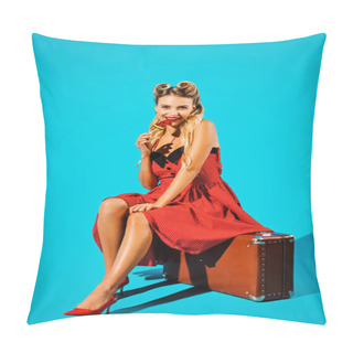 Personality  Pretty Pin Up Woman In Retro Style Dress With Lollipop Sitting On Suitcase On Blue Backdrop Pillow Covers
