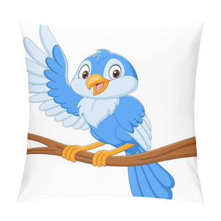 Personality  Vector Illustration Of Cartoon Blue Bird Waving On Tree Branch Pillow Covers