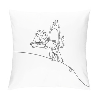 Personality  Single Continuous Line Drawing A Lion Jumping Into A Circle Of Fire At A Circus Show. The Trainer Is Paying Close Attention. Amazing Performance. One Line Draw Graphic Design Vector Illustration. Pillow Covers