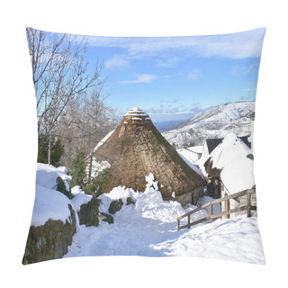 Personality  Famous Piornedo Mountain Village After A Snowfall With Ancient Round Palloza Stone Houses With Thatched Roofs. Ancares, Lugo, Galicia, Spain. Pillow Covers