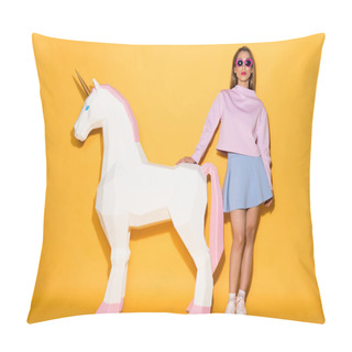 Personality  Stylish Asian Female Model In Sunglasses And Decorative Unicorn On Yellow Background  Pillow Covers