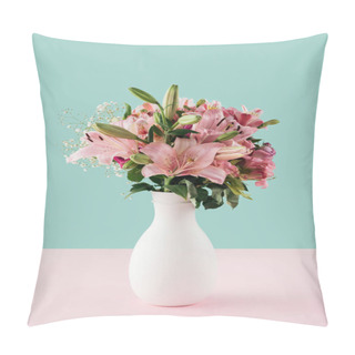 Personality  White Vase With Pink Lily Flowers On Pastel Background Pillow Covers