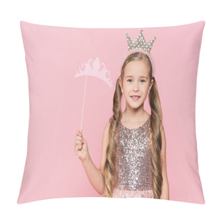 Personality  Cheerful Little Girl In Dress Holding Carton Crown On Stick Isolated On Pink  Pillow Covers