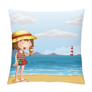 Personality  A Young Girl Eating An Icecream At The Seashore Pillow Covers