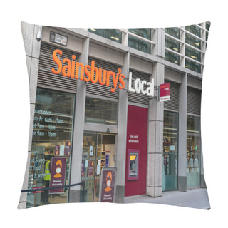 Personality  LONDON, ENGLAND - JULY 24, 2020:  Sainsbury's Supermarket Local Store On The Ground Floor Of Its Global Headoffice Building At Holborn Circus,  Holborn, London  - 006 Pillow Covers