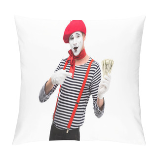 Personality  Grimacing Mime Pointing On Money Isolated On White Pillow Covers