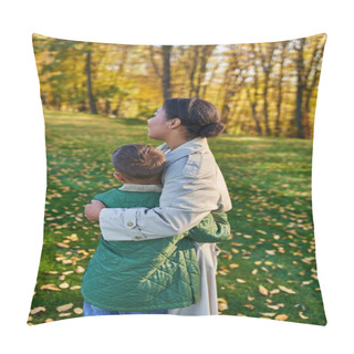 Personality  Motherly Love, Back View, African American Woman Hugging Cute Son, Standing Near Golden Leaves Pillow Covers