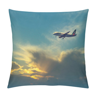 Personality  Lampedusa, Italy: August 2020 - Airplane Flying In The Drammatic Sky Sunset Sunrise Pillow Covers