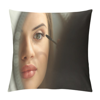 Personality  Beautiful Young Woman Looking In Mirror While Applying Makeup Pillow Covers