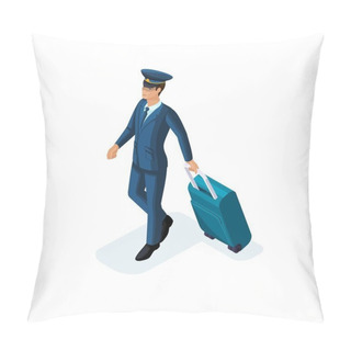 Personality  Isometric Man, An International Airline Employee, Pilot, Captain, Carries A Suitcase, Cap, Headpiece. Handsome Man In Suit Pillow Covers