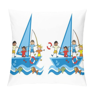 Personality Children And Sailboat, Find Ten Differences, Vector Illustration Pillow Covers