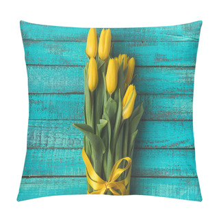 Personality  Top View Of Beautiful Yellow Tulip Flowers With Ribbon On Turquoise Wooden Surface  Pillow Covers
