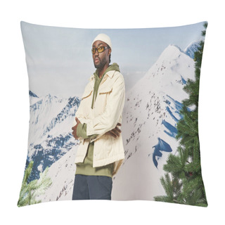 Personality  Handsome African American Man In White Jacket With Crossed Arms Looking At Camera, Winter Fashion Pillow Covers