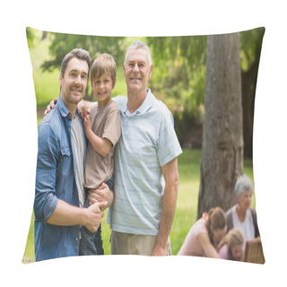 Personality  Grandfather, Father And Son With Family In Background At Park Pillow Covers