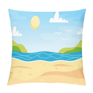 Personality  Beach Landscape. Sea Background. Colorful Summer Design. Blank For Postcards And Banners. Vector Illustration In Flat Style Pillow Covers