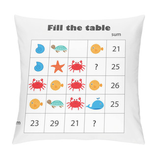 Personality  Mathematics Game With Pictures , Ocean Animals Theme, For Children, Middle Level, Education Game For Kids, School Worksheet Activity, Task For The Development Of Logical Thinking, Vector Pillow Covers