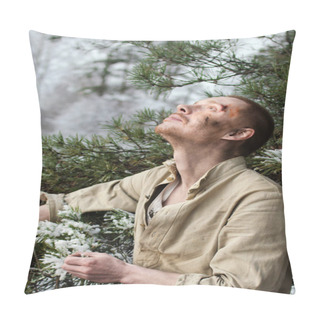 Personality  Young Soldier In A World War II Uniform Is Sitting In A Winter Forest Looking Up Pillow Covers
