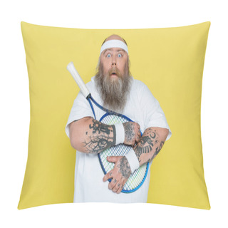 Personality  Shocked Overweight Man Hugging Tennis Racquet And Looking At Camera Isolated On Yellow Pillow Covers