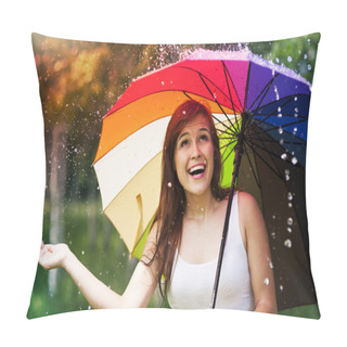Personality  Surprised Woman With Umbrella During Summer Rain Pillow Covers