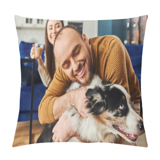 Personality  Cheerful Man Hugging Border Collie Dog Near Blurred Girlfriend With Coffee In Living Room At Home Pillow Covers