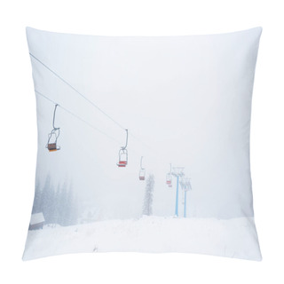Personality  Scenic View Of Snowy Mountain With Gondola Lift In Fog Pillow Covers