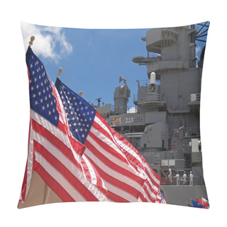 Personality  US Flags Flying Beside The Battleship Missouri Memorial, With Four Sailors Pillow Covers