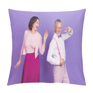 Personality  Portrait Of Two Excited Funky People Enjoy Discotheque Event Isolated On Violet Color Background Pillow Covers