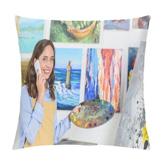 Personality  Beautiful Female Artist Talking By Smartphone In Workshop And Holding Palette Pillow Covers
