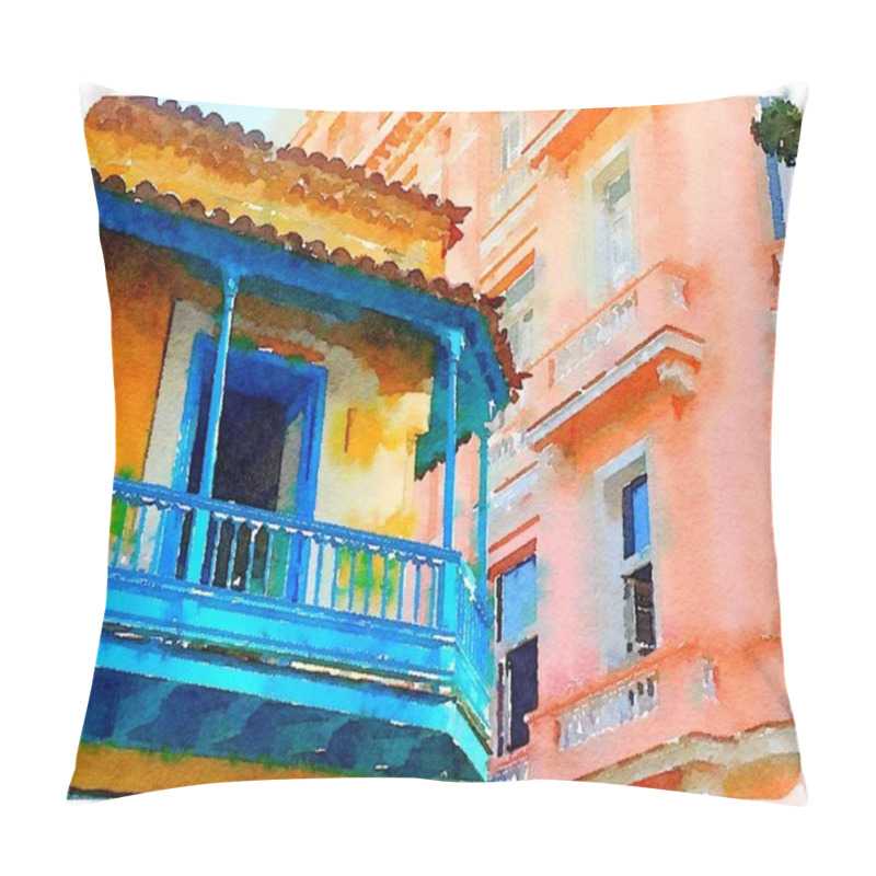 Personality  Digital watercolor of colourful building in Havana in Cuba pillow covers