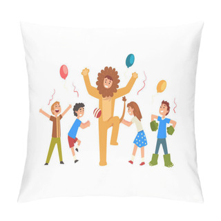 Personality  Happy Children Having Fun With Animator In Lion Costume At Birthday Or Carnival Party, Entertainer In Festive Costume Performing Before Kids Vector Illustration Pillow Covers
