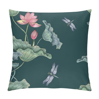Personality  Seamless Pattern Of A Dragonfly, Lotus, Lotus Leaves  Pillow Covers