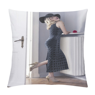 Personality  Fashion Woman With Long Black Dress With Beautiful Smile Pillow Covers