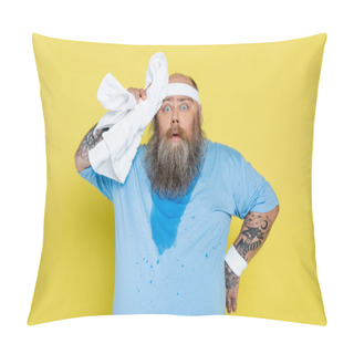 Personality  Sweaty And Tired Plus Size Sportsman Wiping Head With Towel Isolated On Yellow Pillow Covers