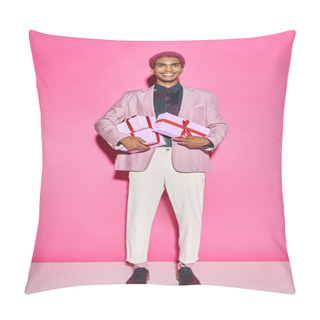 Personality  Cheerful Young Man Posing Unnaturally With Presents In His Hands Posing On Pink Background Pillow Covers