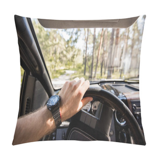 Personality  Cropped View Of Man With Watch Driving Car In Forest Pillow Covers