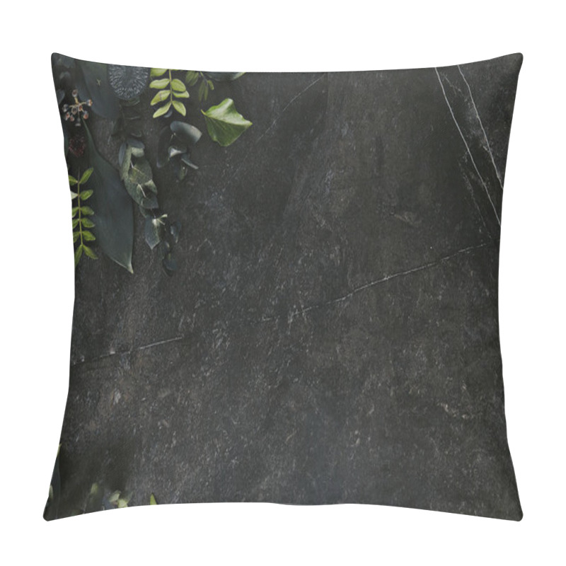 Personality  Dark green tropical leaves mockup on natural black stone backgro pillow covers