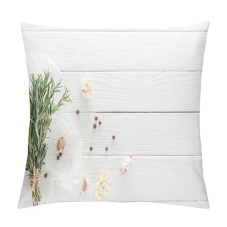Personality  Top View Of Garlic Cloves, Black Pepper And Rosemary On White Wooden Table Pillow Covers