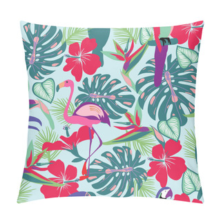 Personality  Tropical Plants And Flowers With Toucan, Parrot, Flamingo Birds  Pillow Covers