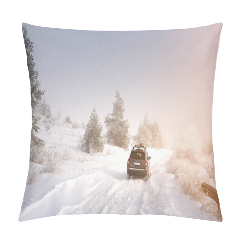 Personality  Beautiful scenic view of empty country road drive with snow covered forest landscape while snowing in winter season. Car driving and crossing the mountain.  With sunrise sun pillow covers