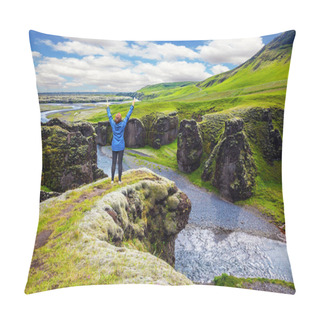 Personality  The Elderly Woman - Tourist In Blue Jacket, Admiring The Magnificent Scenery. Green Tundra In Summer.  The Concept Of Active Northern Tourism. The Striking Canyon In Iceland Pillow Covers
