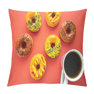 Personality  Halloween And Autumn Colored Tasty Colorful Donuts Served For Breakfast On A Kitchen Table With Piping Hot Coffee. Pillow Covers