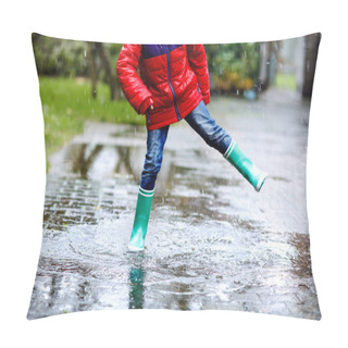 Personality  Close-up Of Kid Wearing Yellow Rain Boots And Walking During Sleet, Rain And Snow On Cold Day. Child In Colorful Fashion Casual Clothes Jumping In A Puddle. Having Fun Outdoors Pillow Covers