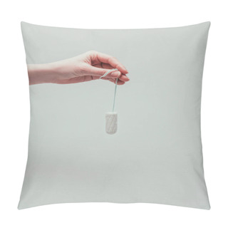 Personality  Cropped Shot Of Woman Holding Tampon In Hand Isolated On Grey Pillow Covers